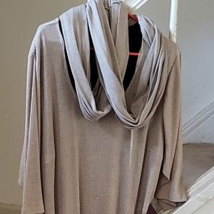 Knee length light brown belted dress with scarf